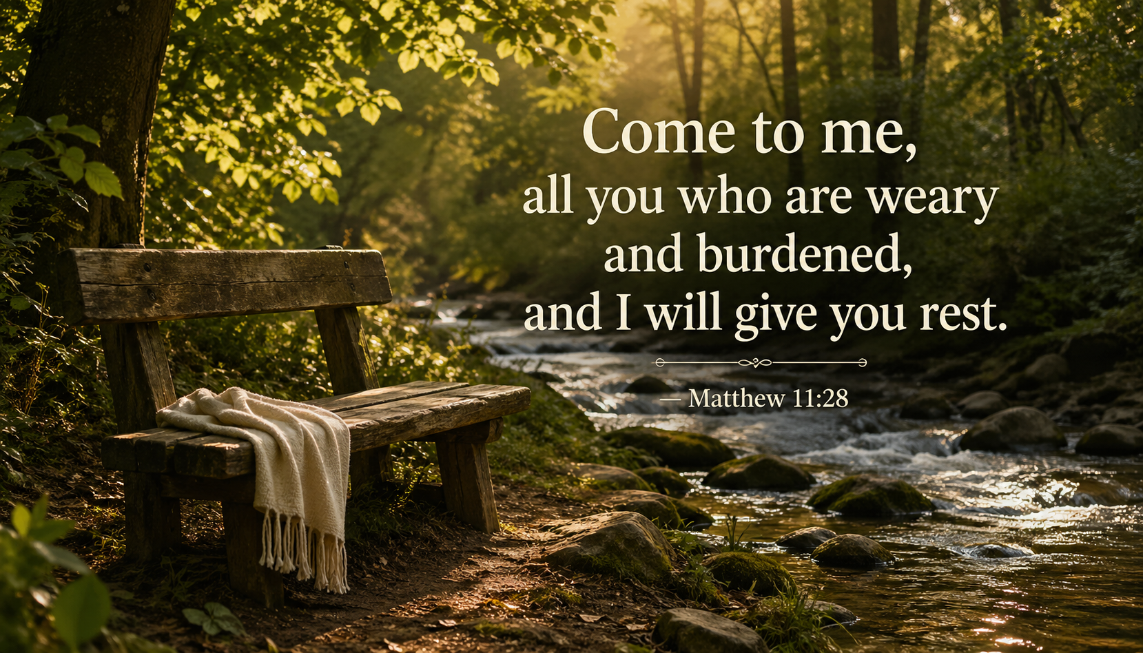 Bible verse wallpaper Matthew 11:28 with rustic wooden bench beside a quiet forest stream in golden afternoon light